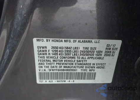 2017 Honda Pilot Elite z USA, uszkodzony, nr VIN 5FNYF6H08HB028361